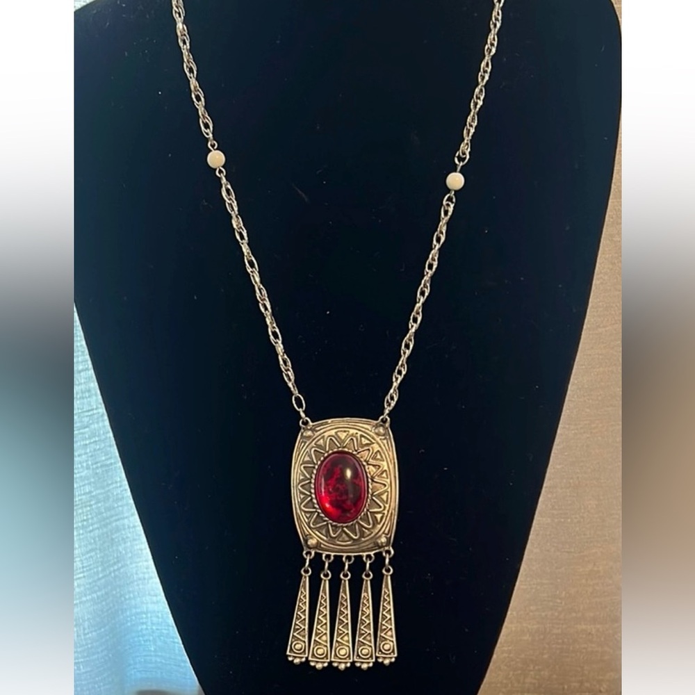 Vintage Silvertone Necklace with Red Cabochon